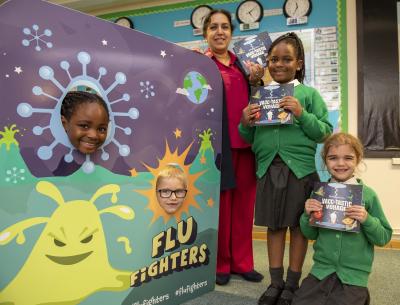 Flu vaccinations are now underway at the city's schools and Vaccination UK nurses visited Long Knowle Primary School earlier this week. Pictured are the City of Wolverhampton Council's Cabinet Member for Public Health and Wellbeing Councillor Jasbir Jaspal, and pupils Xavier, Esther, Sarah and Ava