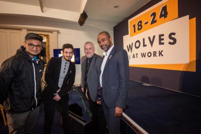 (l-r): Jobchange administrator, Aman Toor (24), Actor with Gazebo Theatre, Mo Aldube (22), City of Wolverhampton Council Leader, Councillor Ian Brookfield, and Kevin Davis, Chief Executive Officer at The Vine Trust Group, at today’s City Summit: ‘Tackling Youth Unemployment Together’ where the City Ideas Fund was launched