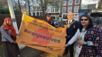 Among those helping to raise the Orange Wolverhampton flag to launch this year's campaign at the Civic Centre this morning were Shaz Akhtar, Near Neighbour Co-ordinator,  Dr Satya Sharma MBE DL, Deputy Lieutenant of the West Midlands, Councillor Greg Brackenridge, The Mayor of Wolverhampton, and Councillor Rupinderjit Kaur, right
