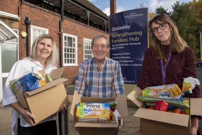 Preparing food parcels to help families during half term were Lisa Raghunanan, Strengthening Families Partnership Manager; Councillor Dr Michael Hardacre, Cabinet Member for Education and Skills, and Amy Cadman, Strengthening Families Delivery Manager
