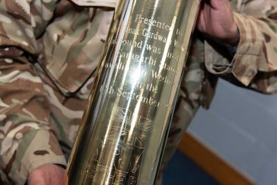 The commemorative artillery shell presented to the Guru Nanak Gurdwara to recognise the unveiling of the Saragarhi Monument