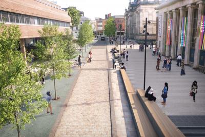 A computer generated image of what the public realm around the Civic Halls will look like