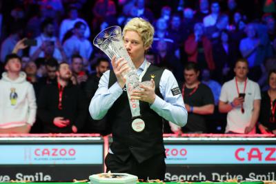 Champion Neil Robertson with the Cazoo Players Championship trophy at Alderlsey Leisure Village