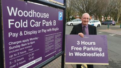 Councillor Steve Evans promoting 3 hours free parking in Wednesfield Town Centre