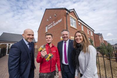 (l-r): Samuel Clarke, Lovell Regional Operations Manager, Conor Watts, Lovell Apprentice Carpenter, Mark Taylor, City of Wolverhampton Council Deputy Chief Executive, and Kelly Truman, Lovell Regional Training Manager, at the Saints Quarter housing development