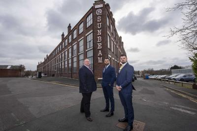 (L-R): Outside Sunbeam are Councillor Stephen Simkins, City of Wolverhampton Council Deputy Leader and Cabinet Member for City Economy; Robbie Hubball, Paragon Living Space CEO/Director, and Richie Hubball, Paragon Living Space Director