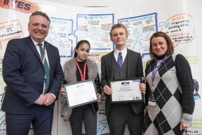 (L-R): Mark Taylor, the City of Wolverhampton Council’s Deputy Chief Executive, new Youth MPs Lshae Green and Gregory MacDonald, and Emma Bennett, Executive Director of Families