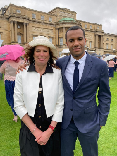 Joanne Keatley with her son Joab at the Royal Garden Party