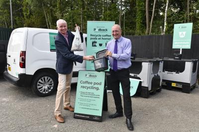 Podback’s Executive Director Rick Hindley and Councillor Steve Evans, cabinet member for city environment and climate change, launch Podback, Wolverhampton’s new coffee pod recycling scheme, at Shaw Road Household Waste Recycling Centre