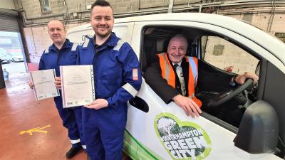 Dean Jones (left) and Mathew Friend, who were the first vehicle technicians to undertake the training scheme, with Councillor Steve Evans, cabinet member for city environment and climate change