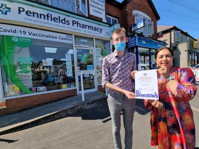 Encouraging people to have their say on Wolverhampton's draft Pharmaceutical Needs Assessment, which will help shape chemist facilities in the city up to 2025, are James Laycock, Pharmacist at Pennfields Pharmacy, and Councillor Jasbir Jaspal, the City of Wolverhampton Council’s Cabinet Member for Public Health and Wellbeing