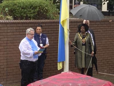 hor Kyzuk, Ukraine Church, Mayor Samuels OBE and Councillor Simkins at flag ceremony