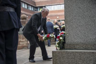 The Leader of the City of Wolverhampton Council lays a wreath during the Proclamation of Accession of King Charles III outside St Peter's Collegiate Church yesterday
