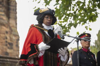 The Mayor of Wolverhampton, Councillor Sandra Samuels OBE, reads the Proclamation of Accession of King Charles III outside St Peter's Collegiate Church yesterday