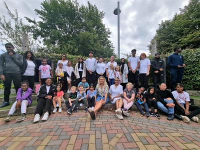 Councillor Beverley Momenabadi, the City of Wolverhampton Council's Cabinet Member for Children and Young People and Gurbax Kaur from Positive Participation join young people at a Yo! Wolves summer activity at St Luke's CE Primary School in Blakenhall