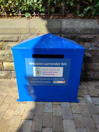 The new weapon surrender bin, outside St Peter’s Collegiate Church in the city centre