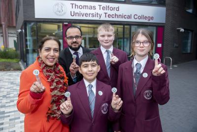 Councillor Jasbir Jaspal, Cabinet Member for Public Health and Wellbeing, with Assistant Principal Imran Chaudhry and students Logan Clarke, Ola Lakin and Ahmed Mustafa