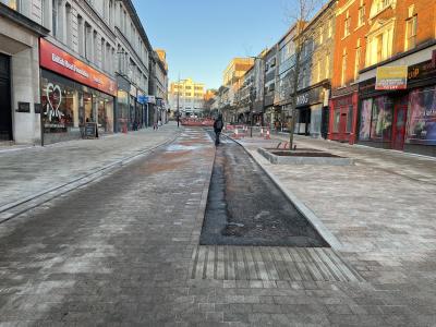 Works progress in Victoria Street with the majority of barriers now gone to help pedestrian access to businesses