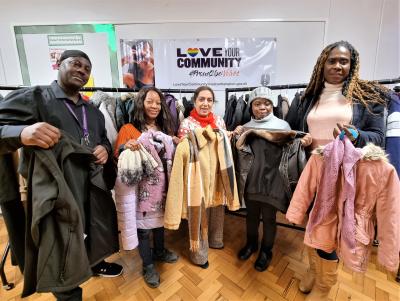 Left to right, Winston Lindsay, Social Worker, Fae Delaney, Founder of First Abide CIC, Councillor Jasbir Jaspal, Cabinet Member for Public Health and Wellbeing, Omolola Ogunnaike, Volunteer at First Abide CIC, and Sharon Akpoguma, Lead Person at Gate of Precious Stones Ministries, are calling for donations to the Winter Coat Project