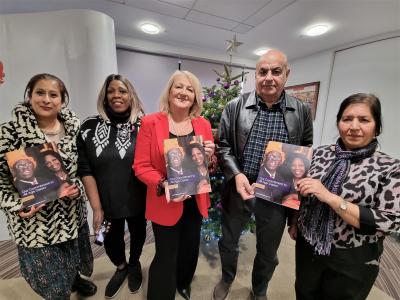 Helping to launch the All Age Carers Strategy were carers Priscilla Chana, Colleen Bernard, Mohinder Singh and Kashmir Pawar with Councillor Linda Leach, Cabinet Member for Adult Services