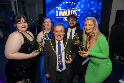 Shawna Gibbs and Shania Rigby, who received the Inspirational Achievement Award, Kye Barton, winner of the Young Citizen of the Year Award, Councillor Beverley Momenabadi, the City of Wolverhampton Council's Cabinet Member for Children and Young People and Deputy Mayor of Wolverhampton Councillor Michael Hardacre at the I Awards