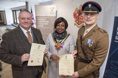 Showing their commitment to the city’s armed forces community are the Mayor of Wolverhampton Councillor Sandra Samuels OBE, Major Maxwell Sones and the City of Wolverhampton Council’s Deputy Leader Councillor Stephen Simkins, who chairs the Wolverhampton Armed Forces Covenant Board