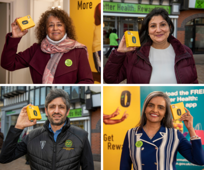 (top left) Bibi Galannakis is among more than 10,000 people who have signed up for Better Health: Rewards; (top right) Mamta Sharda-Saini says Better Health: Rewards will keep her focused on staying fit and healthy; (bottom left) Tariq Ali MBE is encouraging people to sign up for Better Health: Rewards; (bottom right) Gurbax Kaur is taking part in the Better Health: Rewards pilot