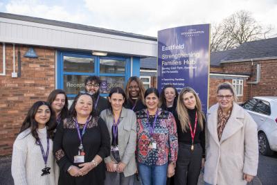 Councillor Beverley Momenabadi, Cabinet Member for Children and Young People, meets social work staff at Eastfield Strengthening Families Hub
