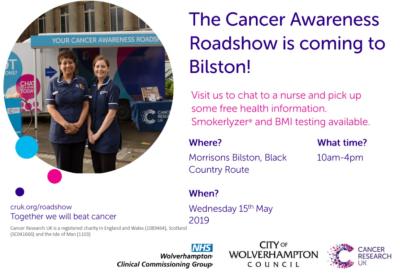 The Cancer Awareness Roadshow will be at the City of Wolverhampton Market tomorrow (Tuesday 14 May) from 9am to 3pm and Morrisons in Bilston on Wednesday (15 May) from 10am to 4pm.