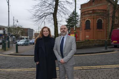(L-R): Jane Stevenson, MP for Wolverhampton North East and City Investment Board Member, and Councillor Craig Collingswood, City of Wolverhampton Council Cabinet Member for Environment and Climate Change, with Wednesfield High Street behind them