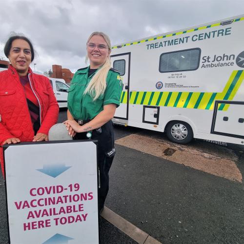 Councillor Jasbir Jaspal, the City of Wolverhampton Council's Cabinet Member for Public Health and Wellbeing, with St John Ambulance volunteer Keeley Hills at the Covid-19 pop-up vaccination clinic which was at Bilston Market last week