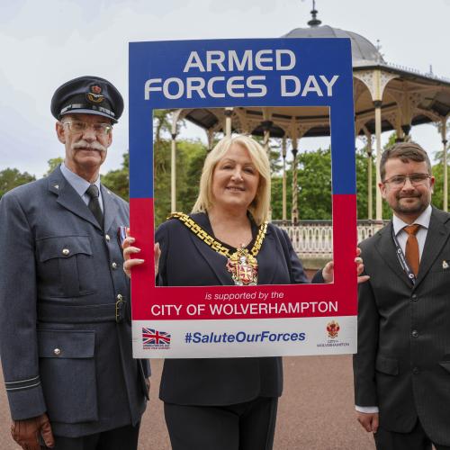 Armed Forces Day 2024. Pictured l-r: Paul Nicholls, Royal British Legion, Mayor of Wolverhampton, Councillor Linda Leach and Robert Williams, IPT Lead Military Aftermarket at Collins Aerospace Actuation Systems and Chair of the Veterans Employee Resource Group